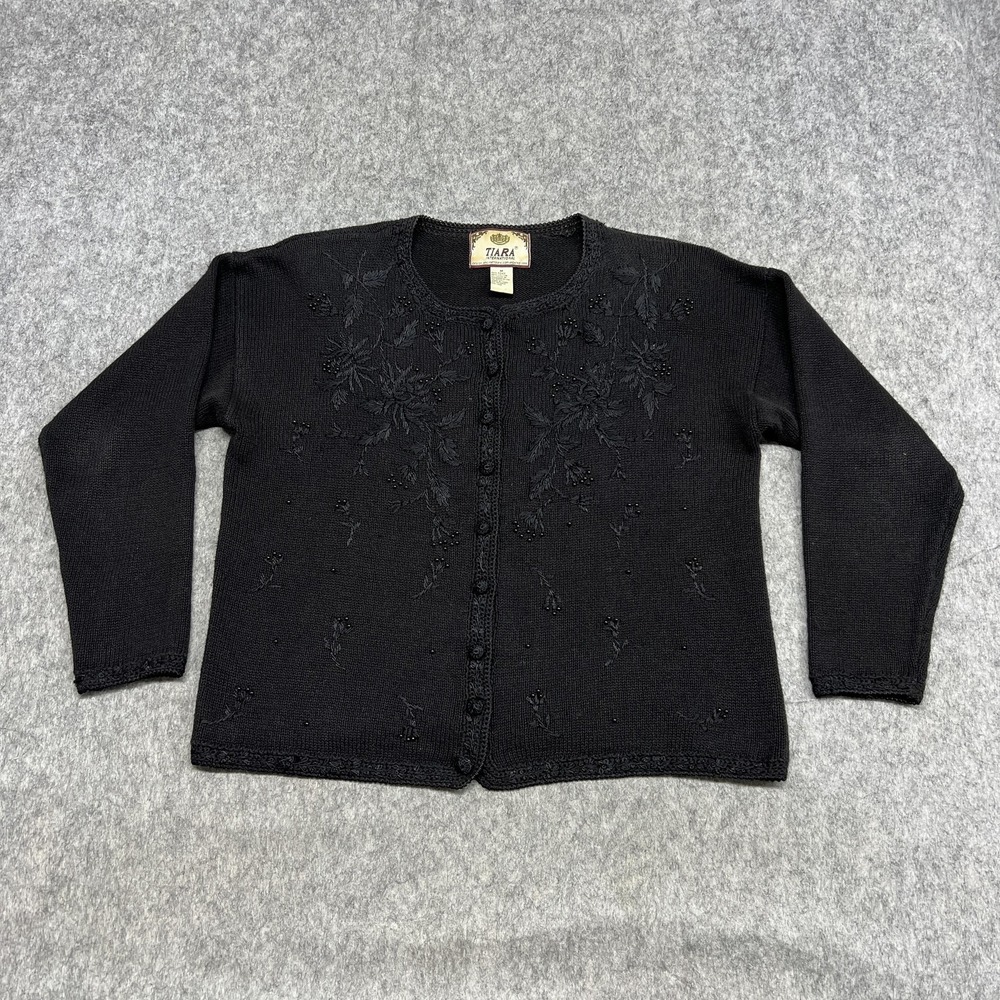Vintage Tiara International Cardigan Sweater Womens M Black Beaded Floral 90s